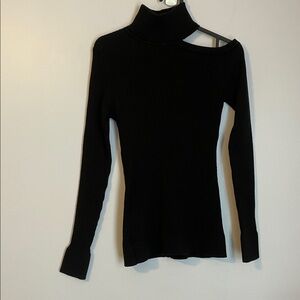 DKNY Black Ribbed Shoulder Cut Out Mock-neck Ribbed Long Sleeve Shirt size XS